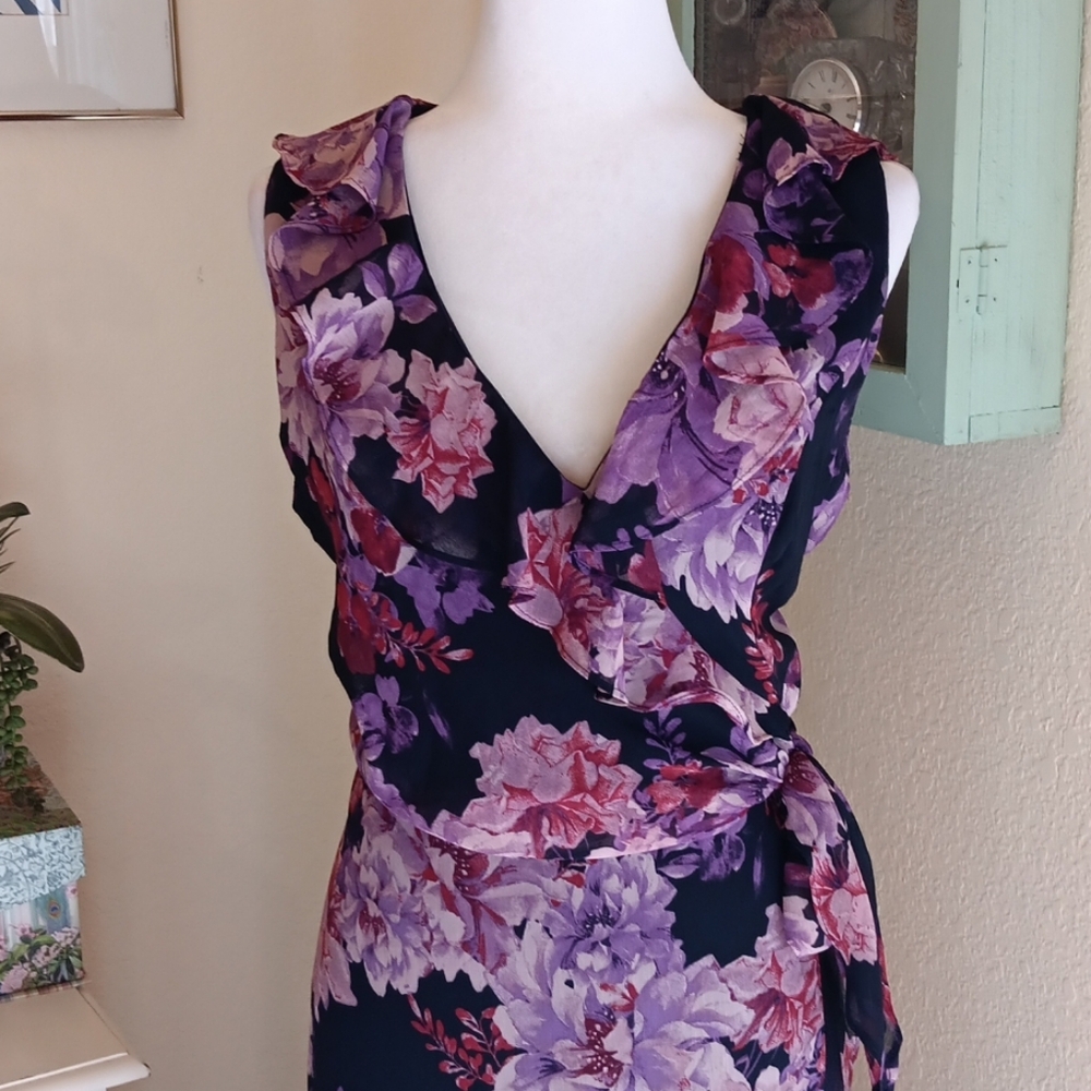 London Times Dark Floral Ruffled Midi Dress. Wedding Guest, Garden Party - Picture 4 of 14
